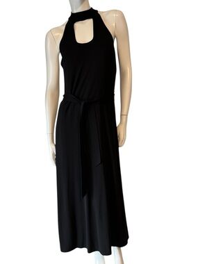 Vintage Dana Buchman Black Halter Keyhole Midi Dress with Waist Tie